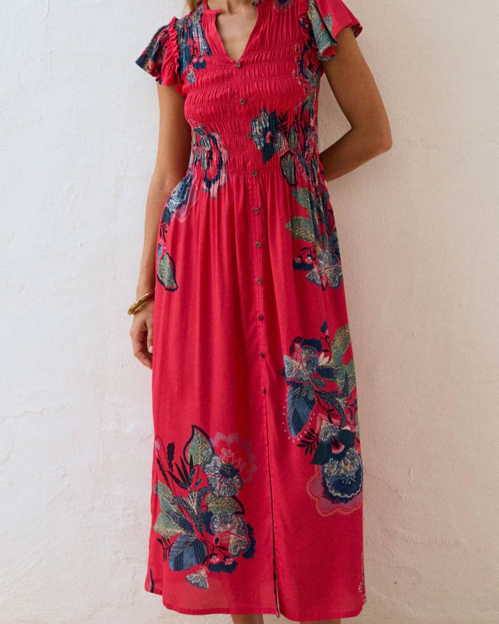 Vestido midi rojo con estampado floral en azules – Magnolya Collection · PORTICO Concept, Turó Park Barcelona (vista 3)