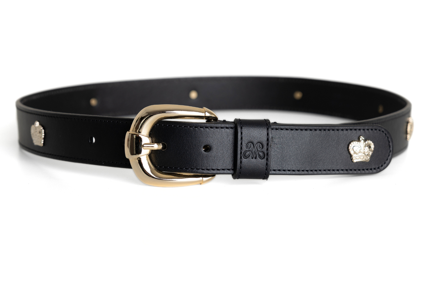 Corona Belt – Gold-plated Buckle de Mom's Goods · Piel española negra, hebilla bañada en oro de 24k