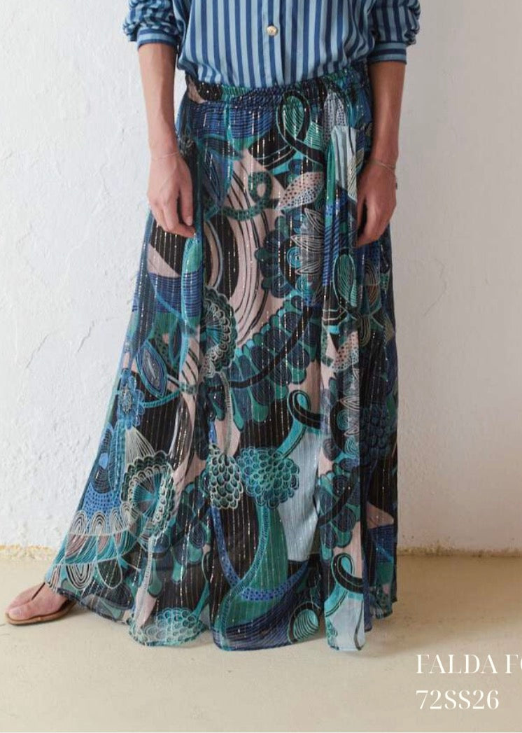 Falda larga con estampado orgánico azul y verde con lurex – Josephine · PORTICO Concept, Turó Park Barcelona