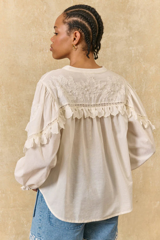 Camisa Noelianne, blusa blanca con canesú de volantes – Louise Misha · PORTICO Concept, Turó Park Barcelona (vista 2)