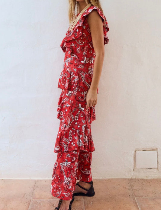 Vestido largo rojo con estampado de cachemir – Magnolya Collection · PORTICO Concept, Turó Park Barcelona (vista 2)