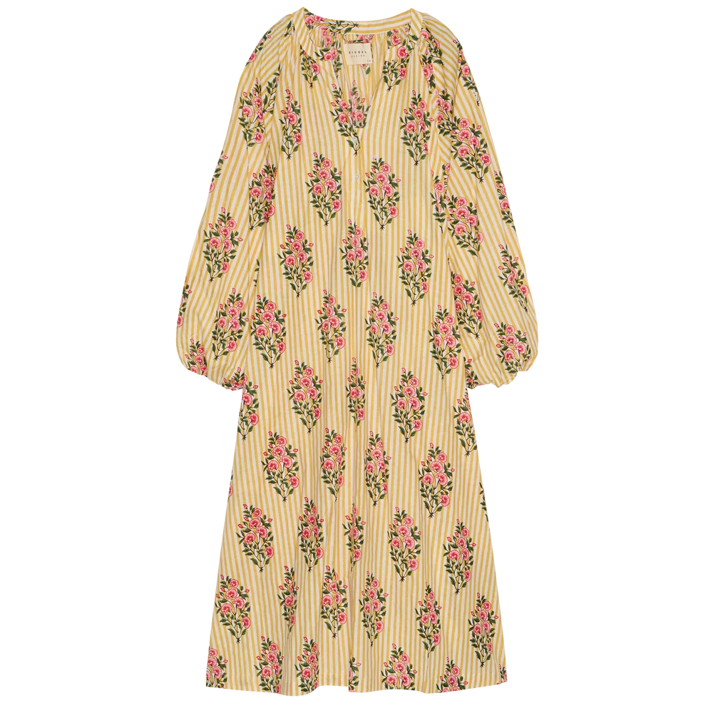 Vestido largo a rayas amarillas con block print floral – Sissel Edelbo · PORTICO Concept, Turó Park Barcelona