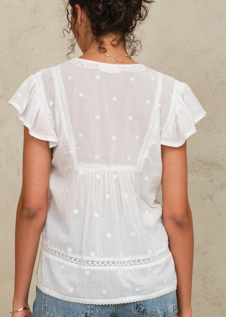 Top Navi en blanco con relieve de topitos y borlas, vista trasera – Mabe · PORTICO Concept, Turó Park Barcelona