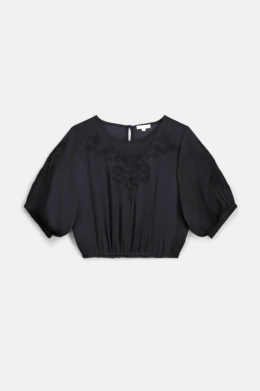 Camisa Chayana, top negro con bordado floral – Louise Misha · PORTICO Concept, Turó Park Barcelona