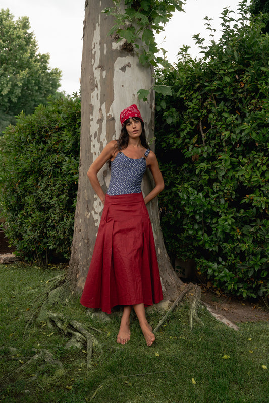 Falda Parker Lino Rojizo de Baudesson, 100% lino · moda de invitada hecha en telar · Portico Barcelona
