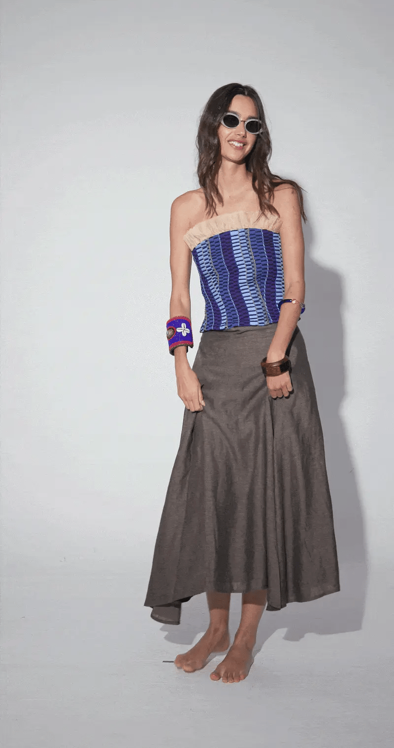 Top Clotilde Lazuli de Baudesson, seda, algodón y tencel · moda de invitada hecha en telar · Portico Barcelona