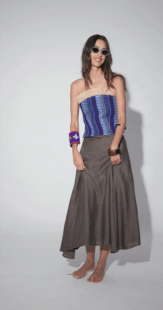 Top Clotilde Lazuli de Baudesson, seda, algodón y tencel · moda de invitada hecha en telar · Portico Barcelona