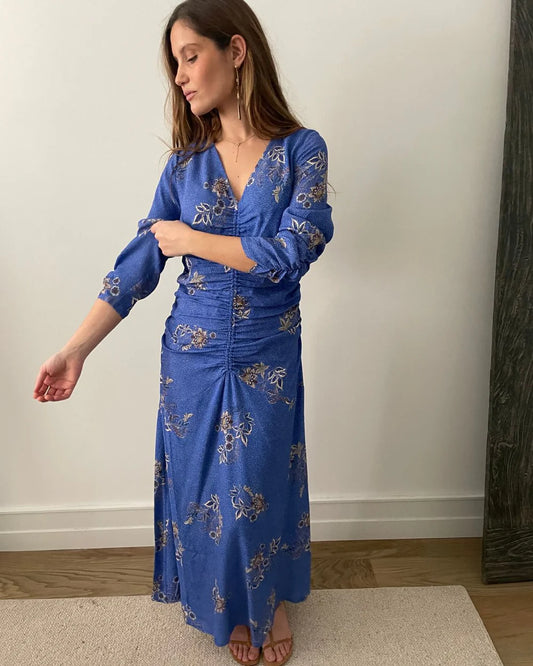 Vestido largo azul aciano con fino estampado floral en crudo – Magnolya Collection · PORTICO Concept, Turó Park Barcelona (vista 2)