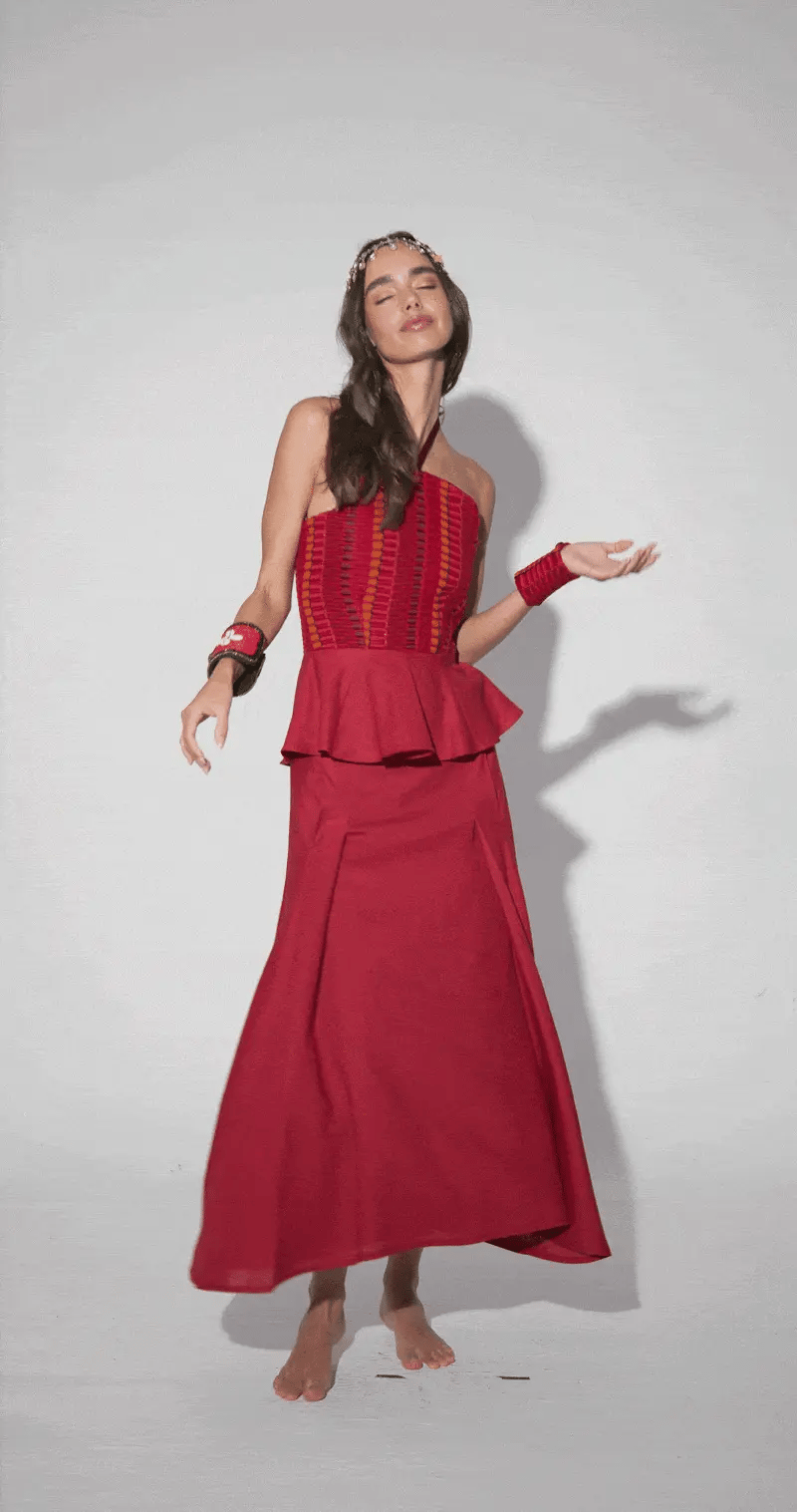 Top Eulalia Rojizo de Baudesson, lino, algodón y seda · moda de invitada hecha en telar · Portico Barcelona