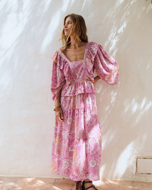 Vestido largo rosa con estampado floral – Magnolya Collection · PORTICO Concept, Turó Park Barcelona