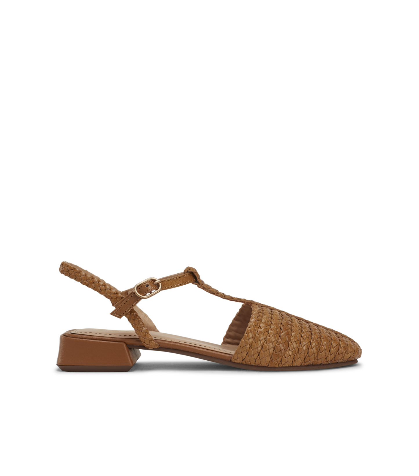 Zapato destalonado Geraldine de piel trenzada cámel de 220V, vista lateral