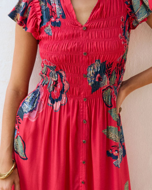 Vestido midi rojo con estampado floral en azules – Magnolya Collection · PORTICO Concept, Turó Park Barcelona (vista 2)