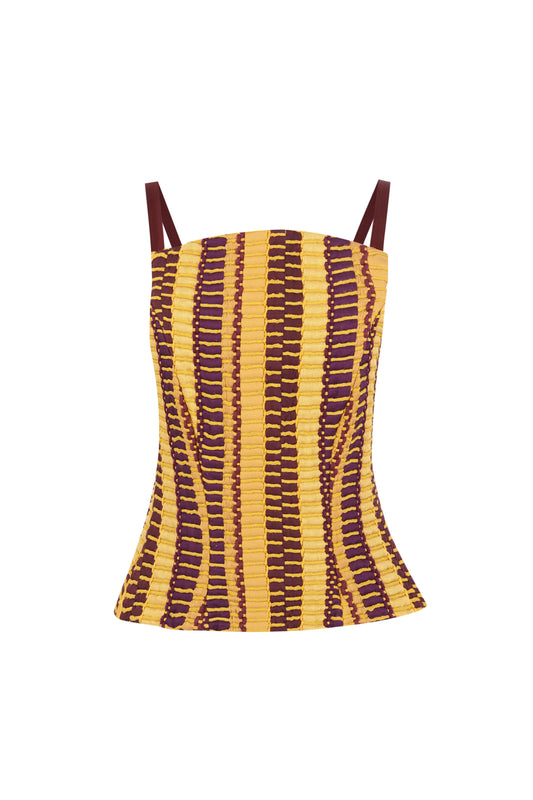 Top Ipanema Mostaza de Baudesson, algodón, seda y tejido de telar · moda de invitada hecha en telar · Portico Barcelona