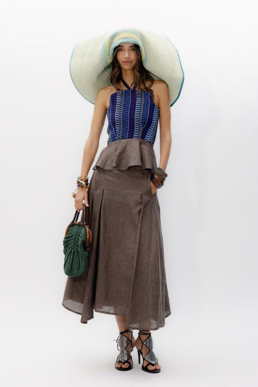 Top Eulalia Tabaco de Baudesson, lino, algodón y seda · moda de invitada hecha en telar · Portico Barcelona
