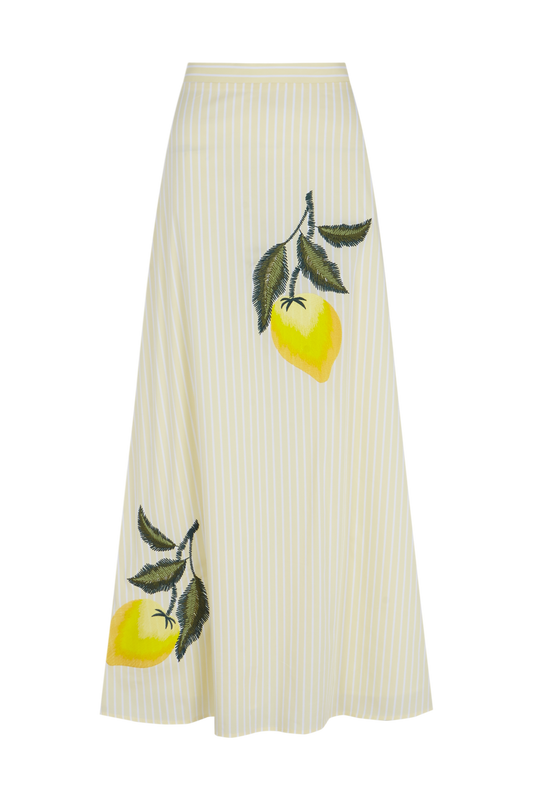Falda larga de algodón a rayas amarillas con limones bordados – Copines · PORTICO Concept, Turó Park Barcelona (vista 2)