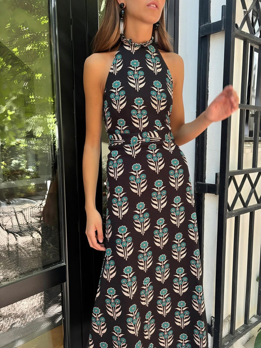 Vestido halter azul con estampado floral – Pietra Madrid · PORTICO Concept, Turó Park Barcelona