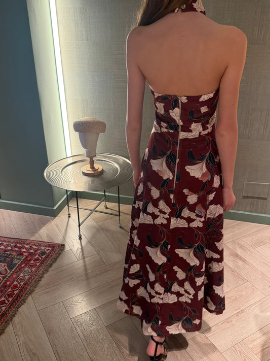 Vestido largo halter marrón con estampado floral – Pietra Madrid · PORTICO Concept, Turó Park Barcelona (vista 2)