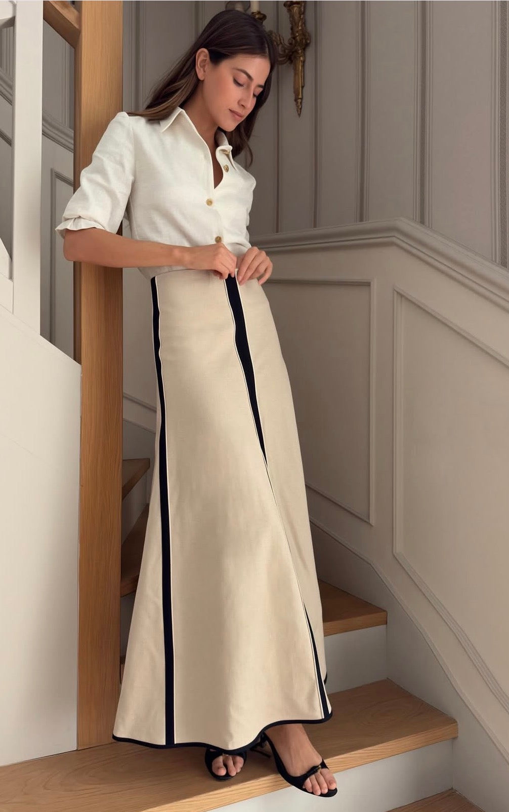 Falda larga tricolor en beige con ribete negro – Pietra Madrid · PORTICO Concept, Turó Park Barcelona