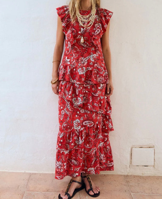 Vestido largo rojo con estampado de cachemir – Magnolya Collection · PORTICO Concept, Turó Park Barcelona