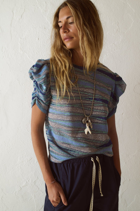 Top Formentor estampado azul con hilo lurex, Josephine · PORTICO Turó Park Barcelona