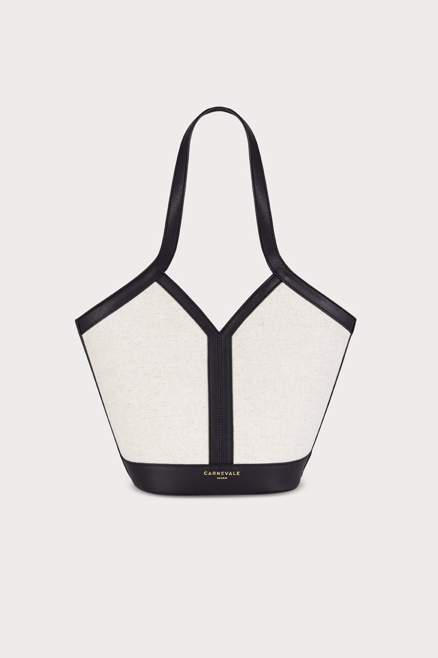 Bolso Gaia Black Linen de Carnevale Madrid · lino crudo y piel negra