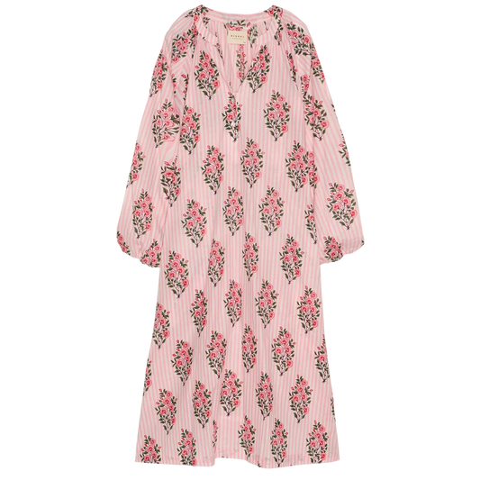 Vestido largo rosa palo a rayas con block print floral – Sissel Edelbo · PORTICO Concept, Turó Park Barcelona (vista 2)