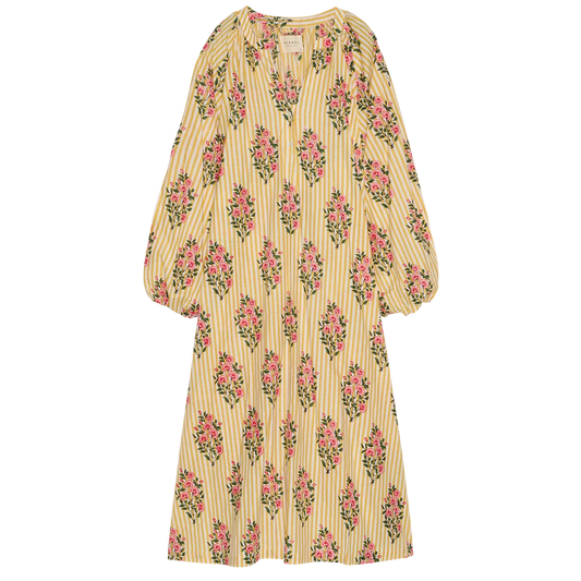 Vestido largo a rayas amarillas con block print floral – Sissel Edelbo · PORTICO Concept, Turó Park Barcelona