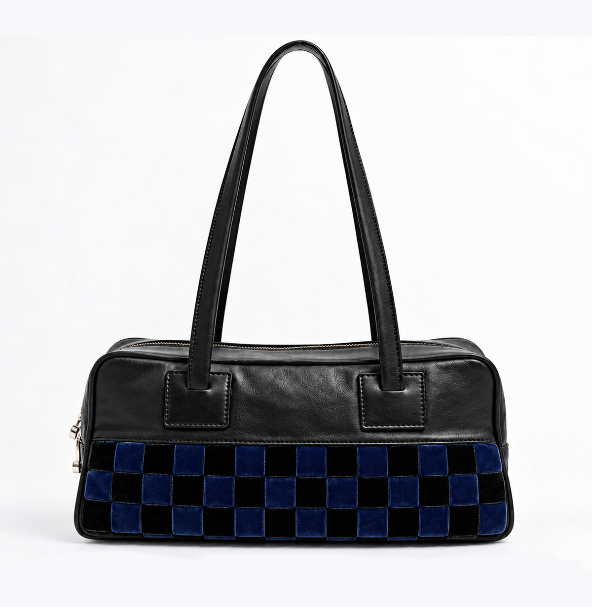 Bolso Pat Azul de Velvet Atelier, vista frontal con terciopelo de cuadros