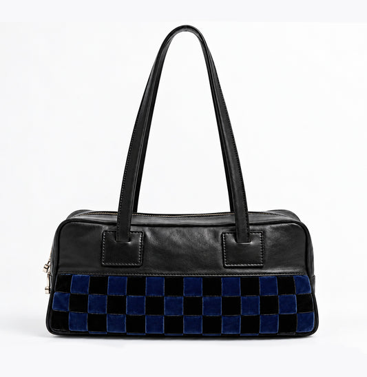Bolso Pat Azul de Velvet Atelier, vista frontal con terciopelo de cuadros