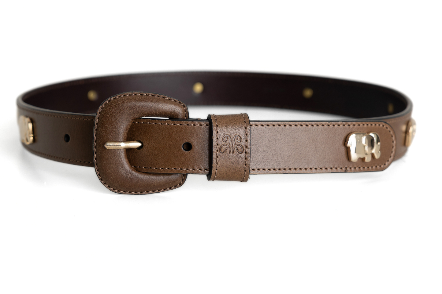 Safari Belt – Leather-covered Buckle de Mom's Goods · Piel española verde topo, hebilla forrada, remaches de elefante dorados