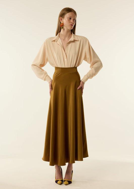 Falda Clara Mostaza de IQ Collection · seda color mostaza · largo midi