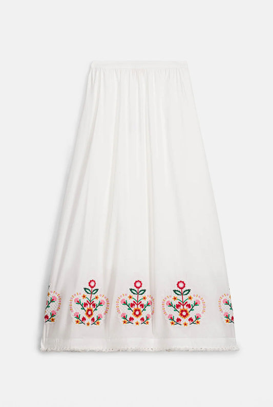 Falda Paola, falda larga blanca con bordado floral – Louise Misha · PORTICO Concept, Turó Park Barcelona