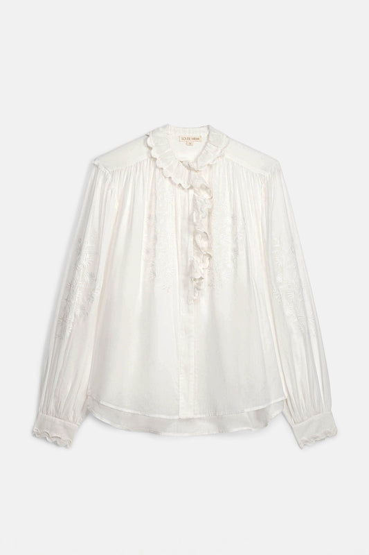 Camisa Cora, blusa off-white con bordado tono sobre tono – Louise Misha · PORTICO Concept, Turó Park Barcelona