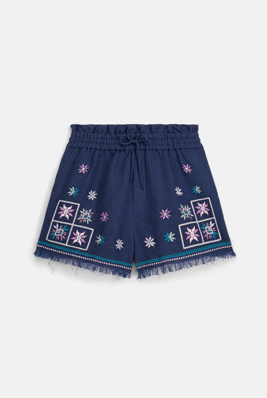 Short Aurore, pantalón corto azul marino con bordado – Louise Misha · PORTICO Concept, Turó Park Barcelona
