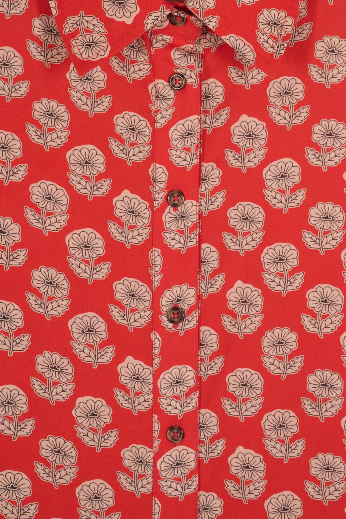 Camisa Alana flores rojas de Maria de la Orden, detalle del estampado