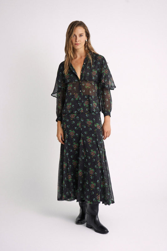 Falda Leslie Folk Black de Magnolya Collection · 100% poliéster, estampado floral folk