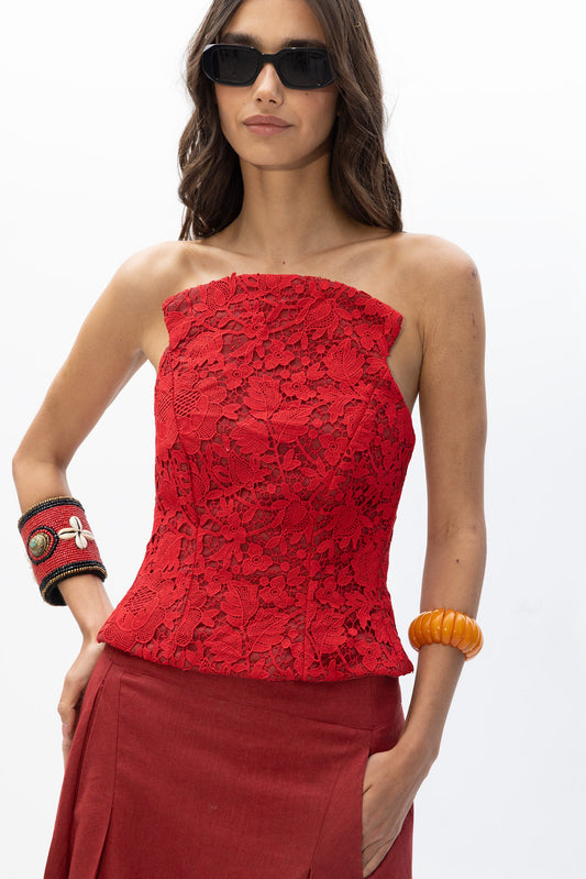Top Ipanema Guipur Rojo de Baudesson, guipur rojo sobre lino · detalle 1