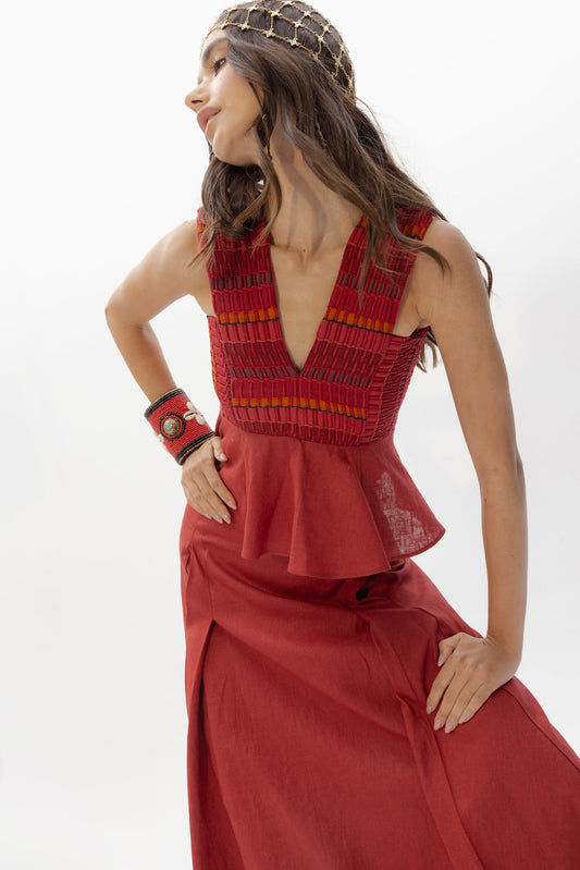 Top V Rojizo de Baudesson, lino, algodón y seda · moda de invitada hecha en telar · Portico Barcelona